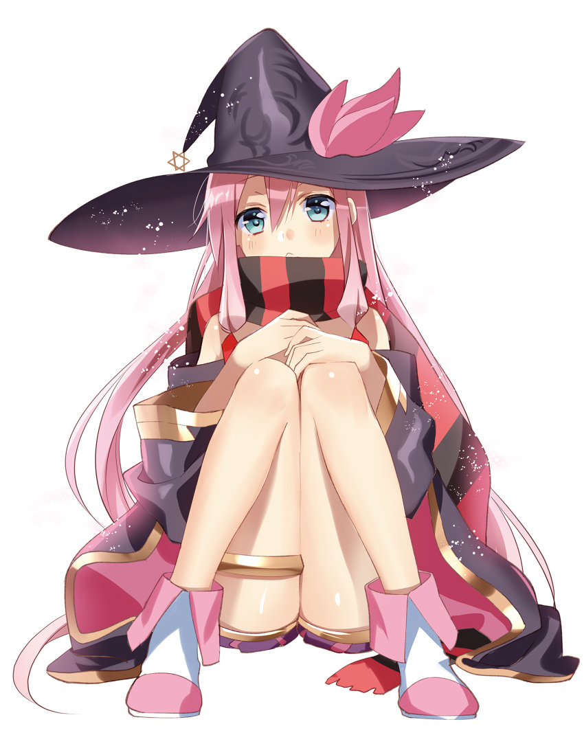 1girl, asukai_mao, bare_shoulders, blue_eyes, cape, hat, highres, legs, long_hair, looking_at_viewer, murakami_yuichi, off_shoulder, official_art, pink_hair, scarf, sitting, solo, thigh_strap, unsimulated_incubator, witch_hat