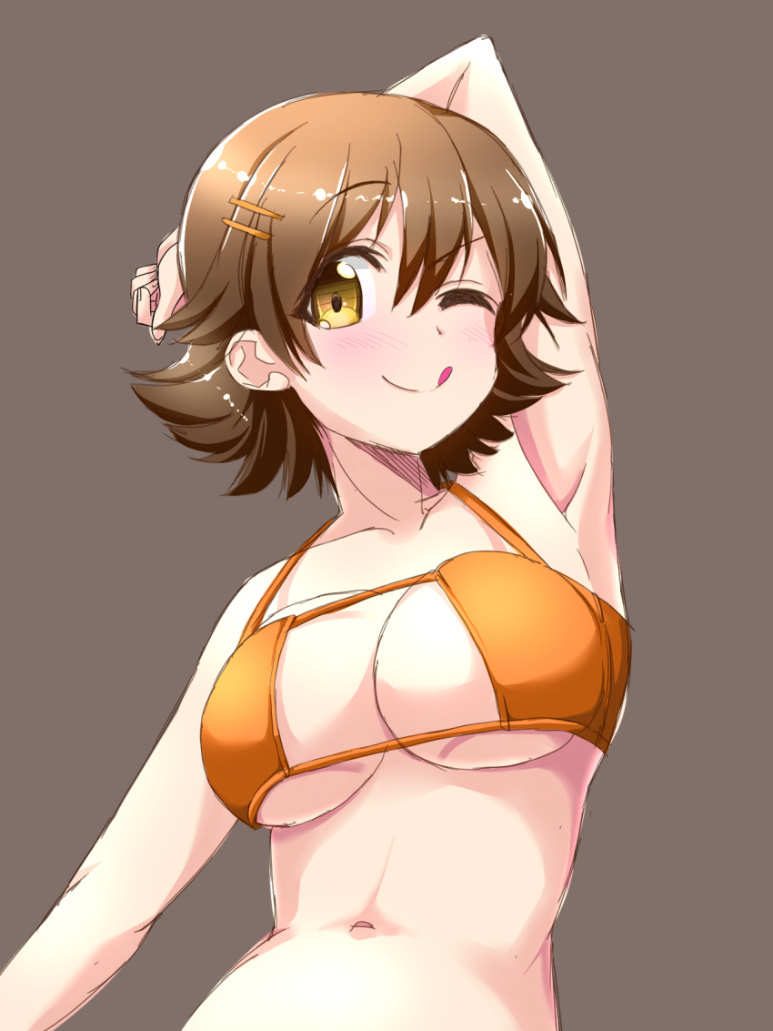 1girl, ;q, armpits, bikini, bikini_top, brown_eyes, brown_hair, highres