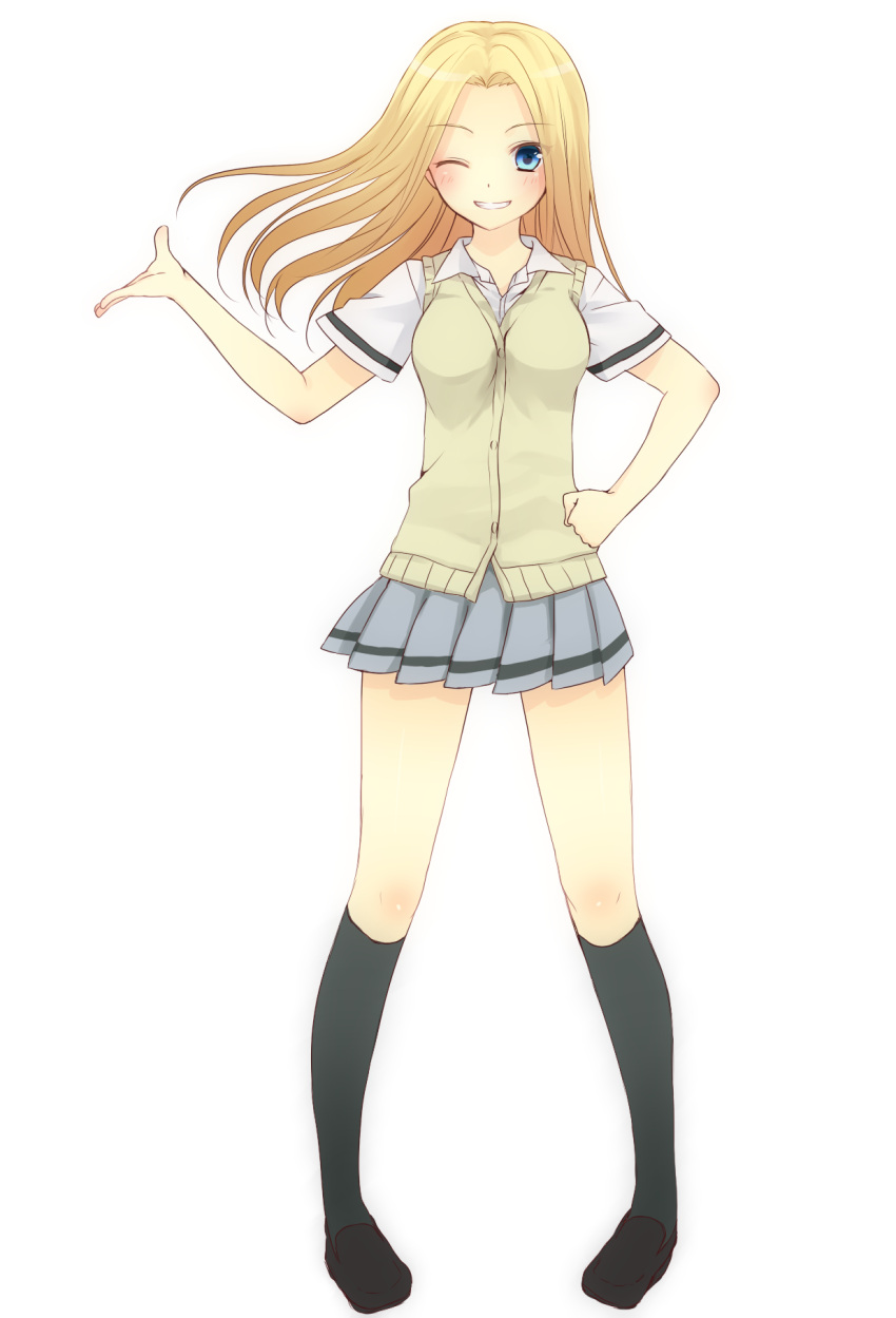 1girl, ansatsu_kyoushitsu, black_legwear, blonde_hair, blue_eyes, blush, cardigan_vest, hand_on_hip