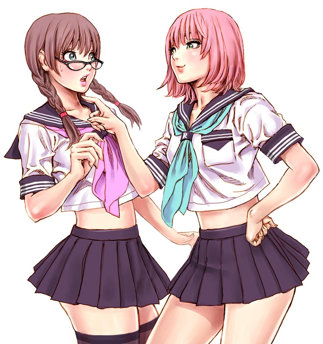 2girls, aqua_neckerchief, arisugawa_shii, bangs, black-framed_eyewear, black-framed_glasses, black_legwear, blue_eyes