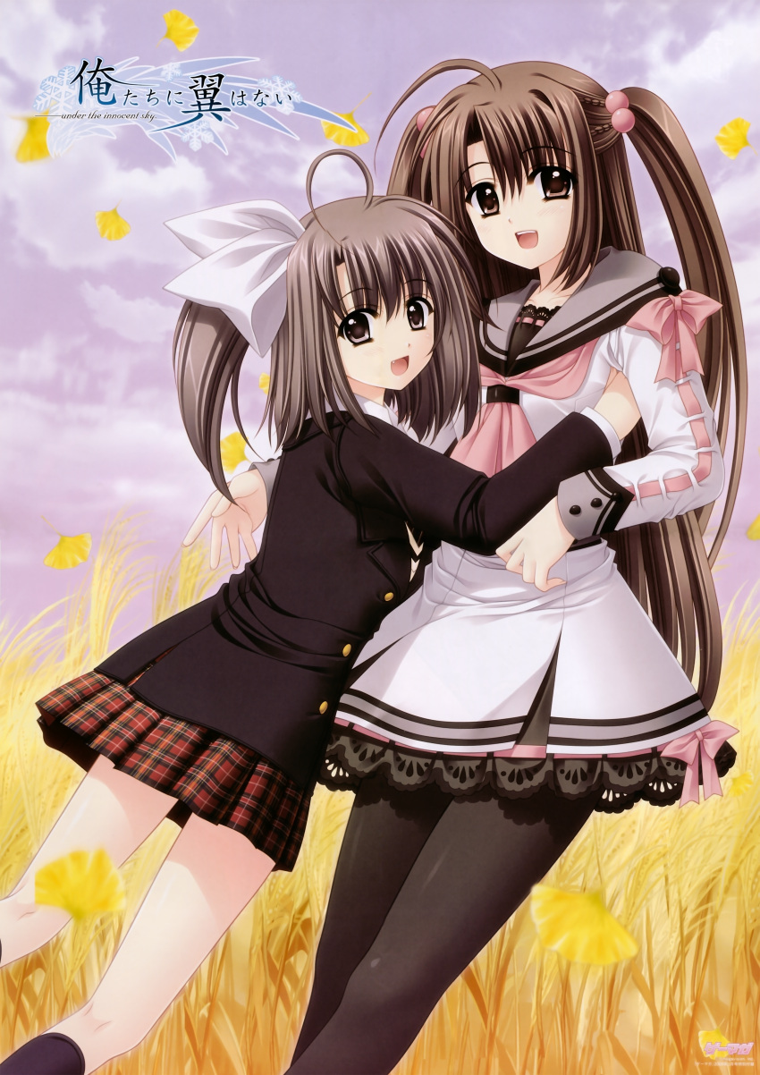 absurdres, ahoge, blonde_hair, blush, brown_eyes, dress, grey_eyes, grey_hair, hair_bobbles, hair_ornament, highres, hug, huge_filesize, multiple_girls, nishimata_aoi, ohtori_naru, ootori_naru, oretachi_ni_tsubasa_wa_nai, pantyhose, plaid, school_uniform, side_ponytail, skirt, socks, tartan, twintails, watarai_asuka