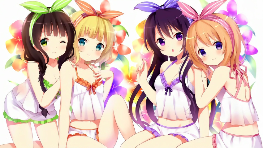 3:, 4girls, :o, ;), alternate_hairstyle, blonde_hair, braid, camisole