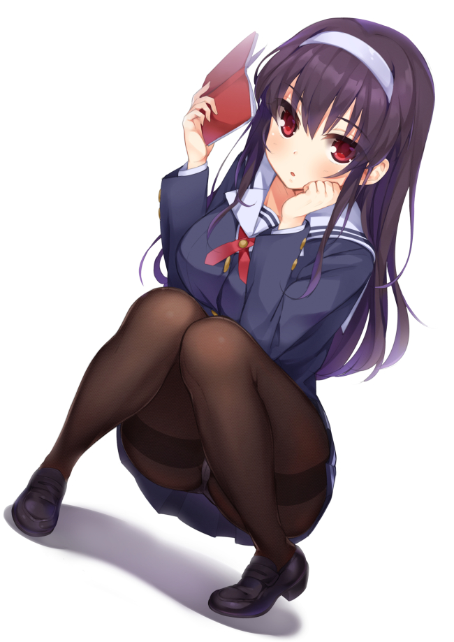 1girl, bangs, black_hair, black_legwear, black_shoes, blush, book, full_body, hairband, holding, holding_book, hym9594, kasumigaoka_utaha, loafers, long_hair, long_sleeves, looking_at_viewer, open_book, panties, panties_under_pantyhose, pantyhose, red_eyes, saenai_heroine_no_sodatekata, school_uniform, shoes, solo, squatting, thighband_pantyhose, underwear