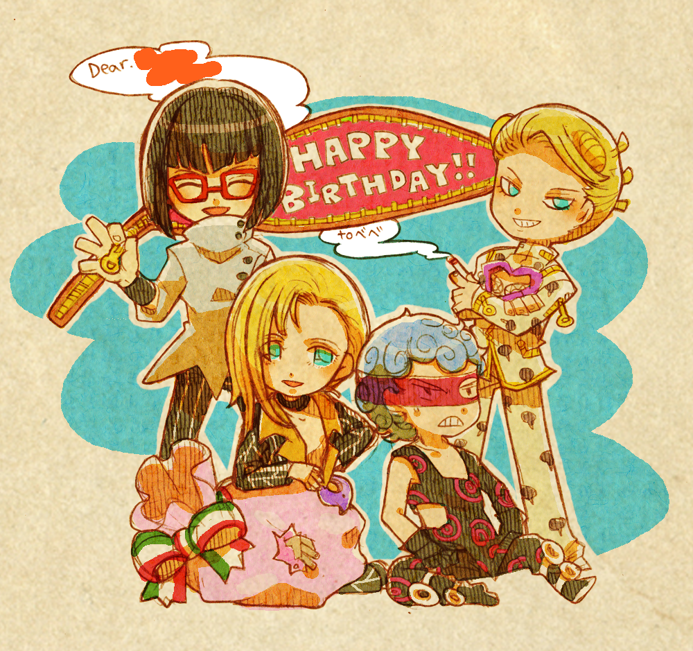 bag, bebe_(ad234_tenrou), black_hair, blonde_hair, blue_eyes, blue_hair, bob_cut, bruno_bucciarati