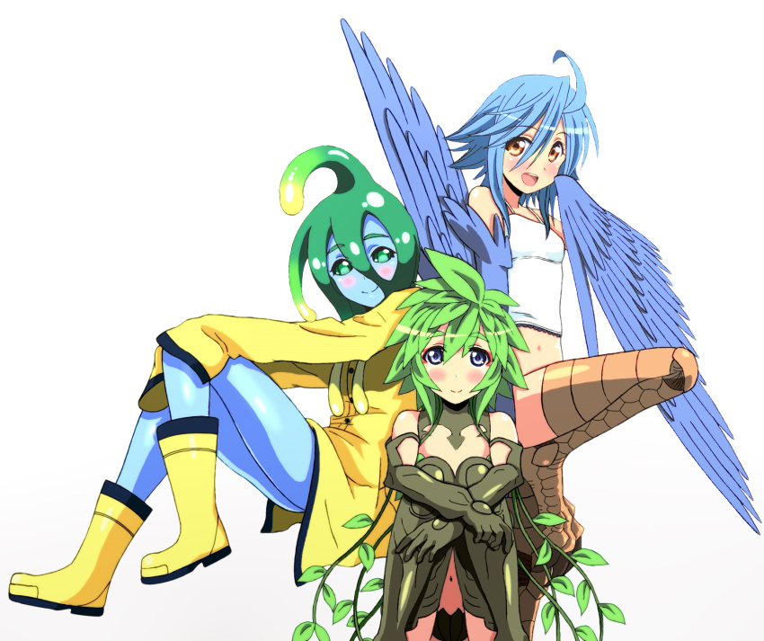3girls, ahoge, blue_eyes, blue_hair, blue_skin, blue_wings, blush, boots