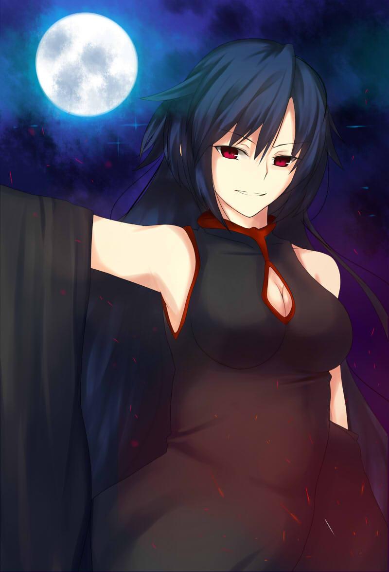 1girl, altrouge_brunestud, black_dress, black_hair, breasts, cleavage, cleavage_cutout, detached_sleeves, dress, iro_(sekaixiro), long_hair, moon, red_eyes, smile, solo, tsukihime, type-moon