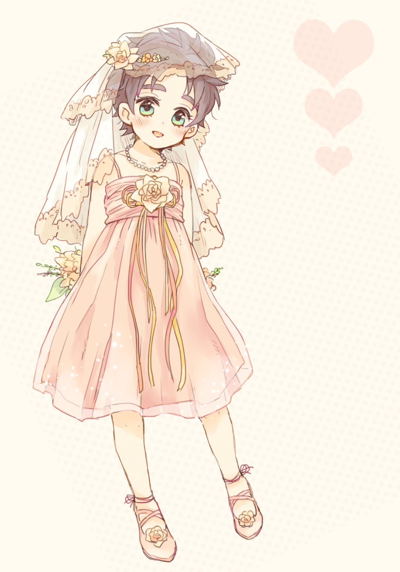 arms_behind_back, beads, black_hair, child, dress, flower, genderswap, green_eyes