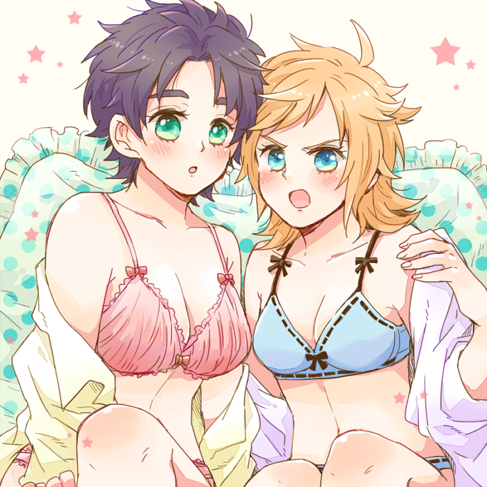 2girls, bikini, black_hair, blonde_hair, blue_eyes, bra, breasts, cleavage