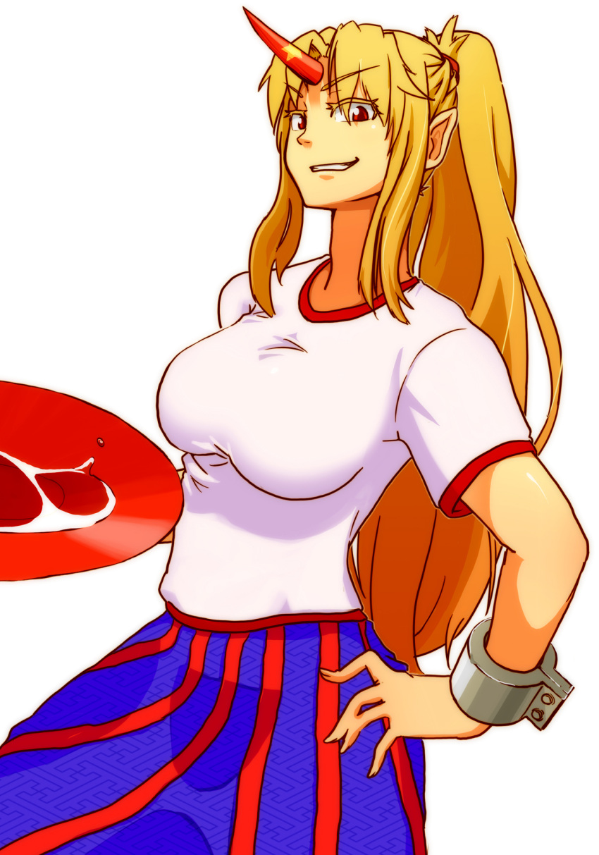 1girl, alternate_hairstyle, blonde_hair, cuffs, grin, hand_on_hip, highres, holding