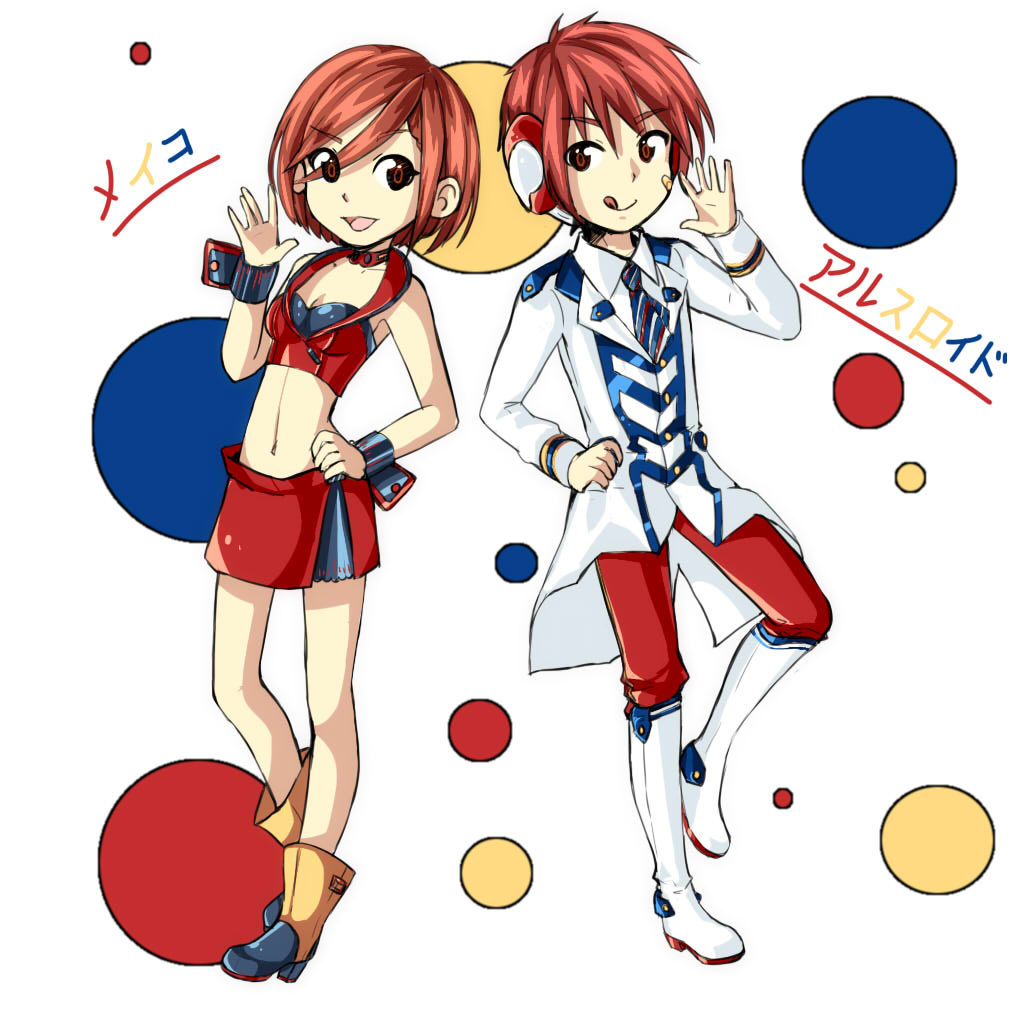 1boy, 1girl, :q, arm_up, artist_request, boots, character_name, choker, coattails, color_connection, hair_color_connection, hand_on_hip, headphones, kano_akira_(vocaloid), meiko, meiko_(vocaloid3), midriff, red_eyes, redhead, smile, standing_on_one_leg, tongue, tongue_out, vocaloid