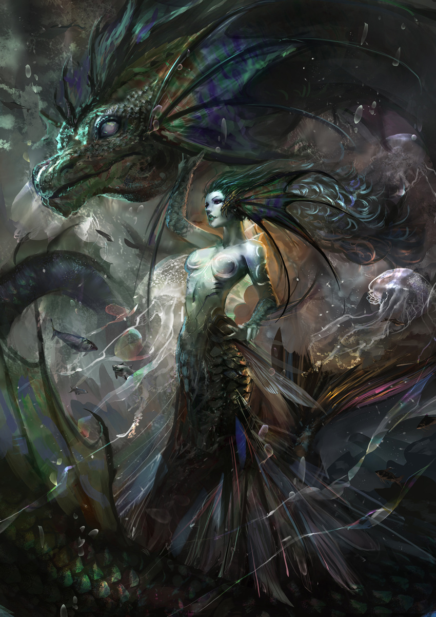 1girl, breasts, cglas, dragon, fantasy, fish, green_hair, head_fins