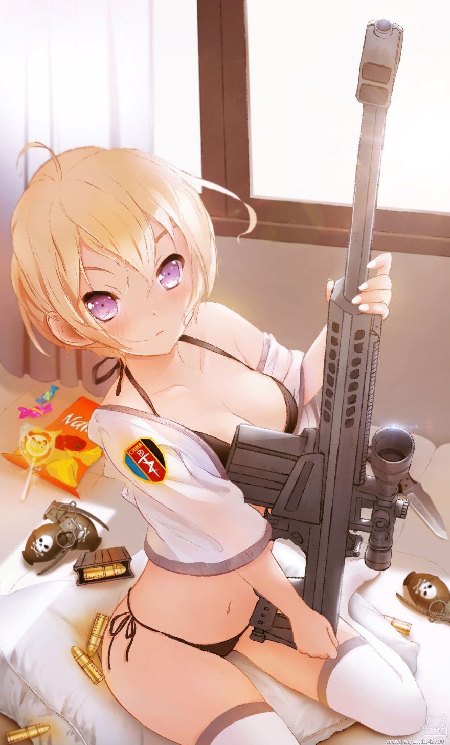 1girl, anti-materiel_rifle, barrett_m82, bed, bikini, black_bikini, blonde_hair, blush, breasts, bullet, candy, cleavage, collarbone, explosive, food, grenade, gun, highres, looking_at_viewer, navel, neko_(314089734), original, pink_eyes, rifle, scope, short_hair, sitting, skull_and_crossbones, sniper_rifle, solo, swimsuit, thigh-highs, wariza, weapon, window