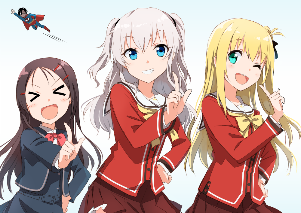 >_<, 1boy, 3girls, black_hair, blonde_hair, blue_eyes, charlotte_(anime), closed_eyes
