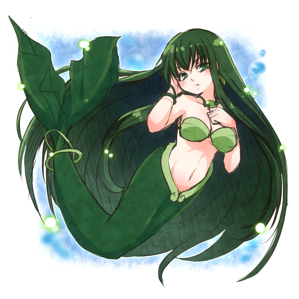 1girl, fish_tail, green_eyes, green_hair, hikataso, jewelry, long_hair, mermaid