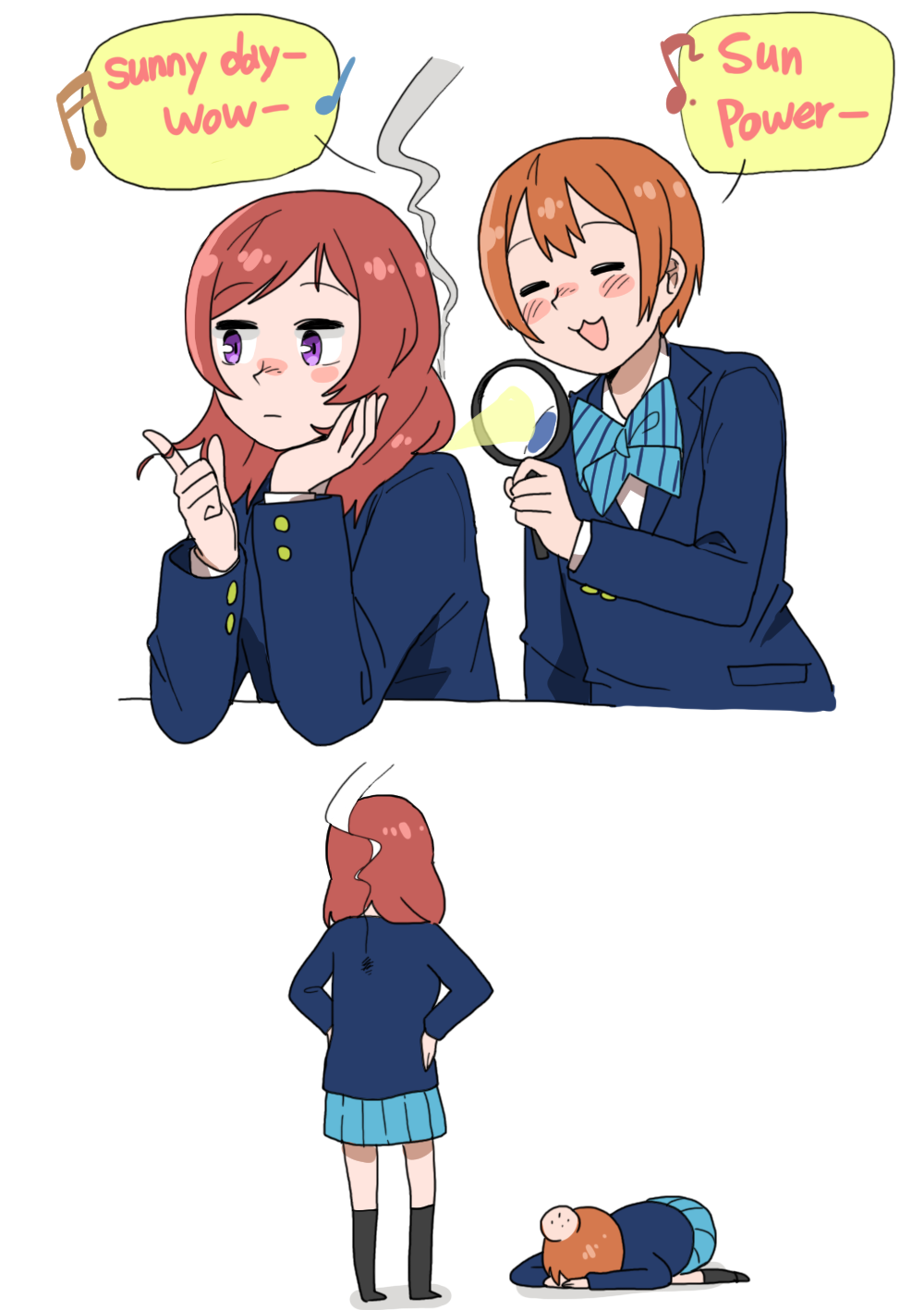 2girls, :3, anyan_(jooho), bowing, burn_mark, closed_eyes, comic, english