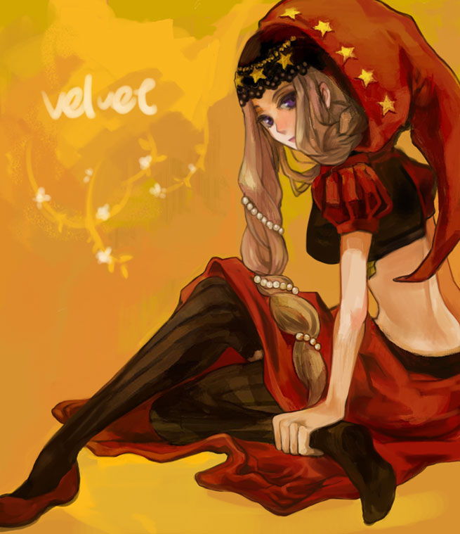 curly_hair, long_hair, midriff, odin_sphere, one_shoe, pearl, pearls, purple_eyes