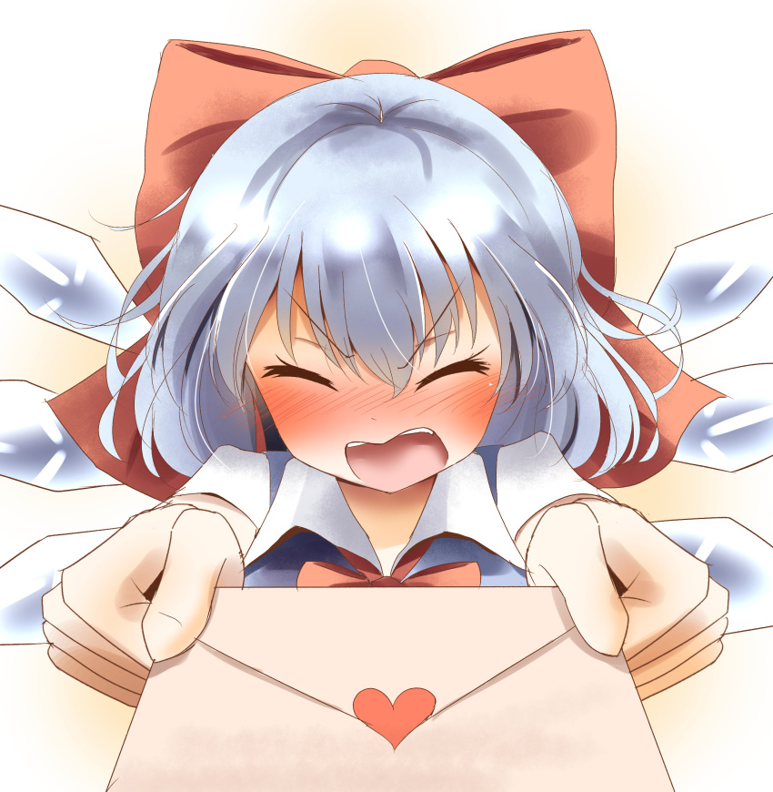 1girl, absurdres, blue_hair, blush, bow, cirno, closed_eyes, giving