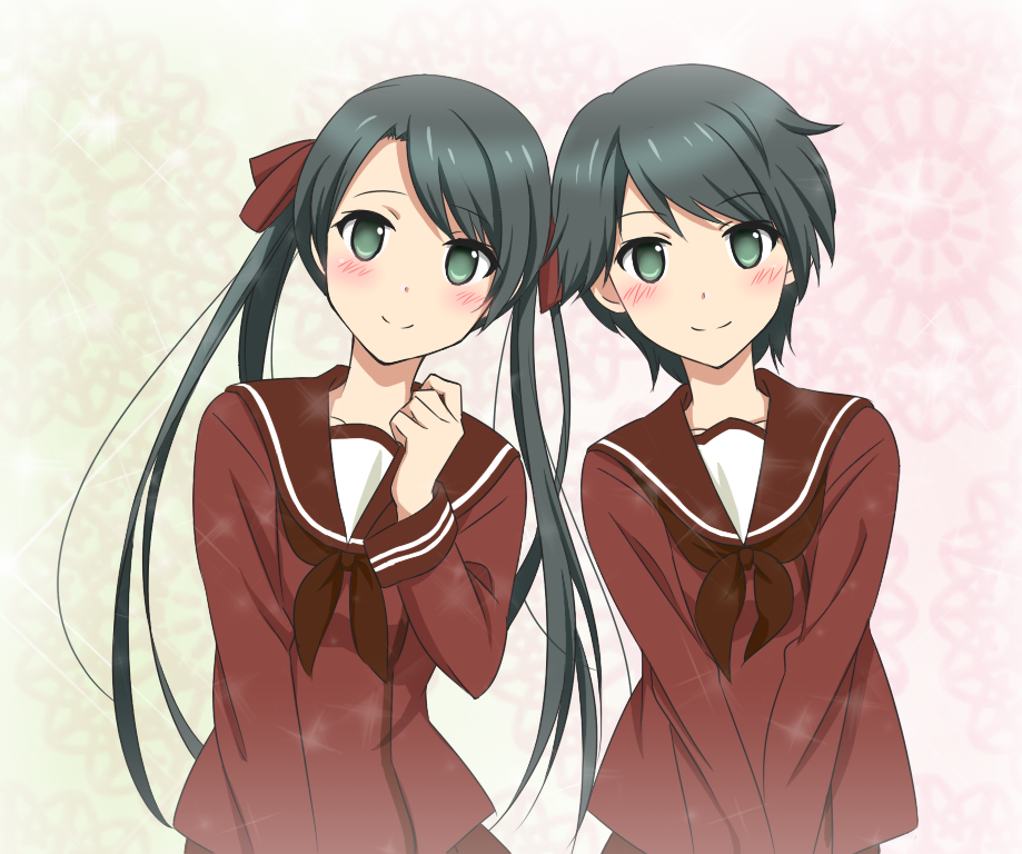 2girls, black_hair, green_eyes, kantai_collection, long_hair, mikuma_(kantai_collection), mogami_(kantai_collection), multiple_girls, potechi_kakiko, school_uniform, serafuku, short_hair, smile, twintails