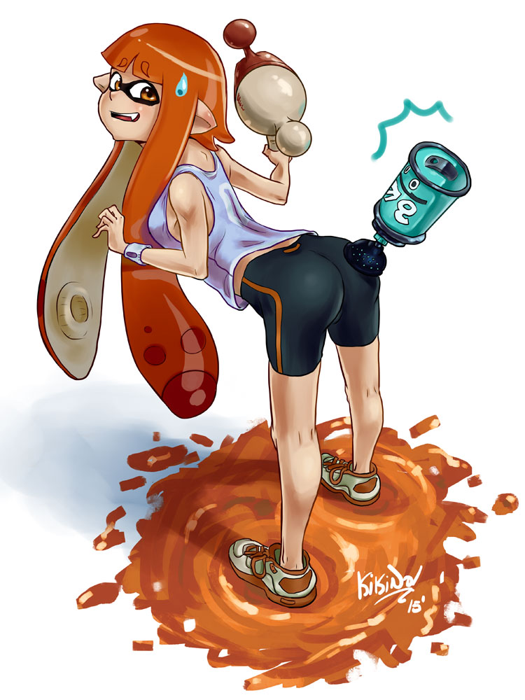 1girl, artist_name, ass, bent_over, bike_shorts, bomb, dated, embarrassed