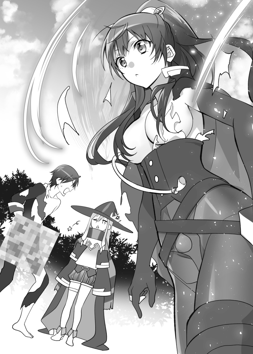 1boy, 2girls, absurdres, angry, asukai_mao, breasts, cape, censored