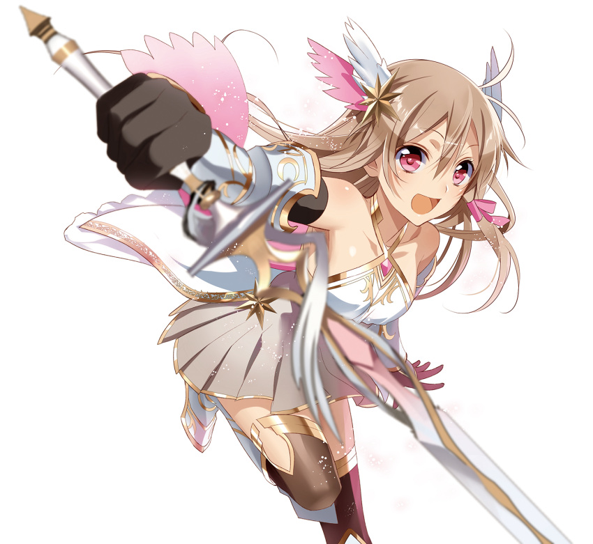 1girl, :d, armored_boots, bare_shoulders, black_gloves, blurry, brown_hair, depth_of_field