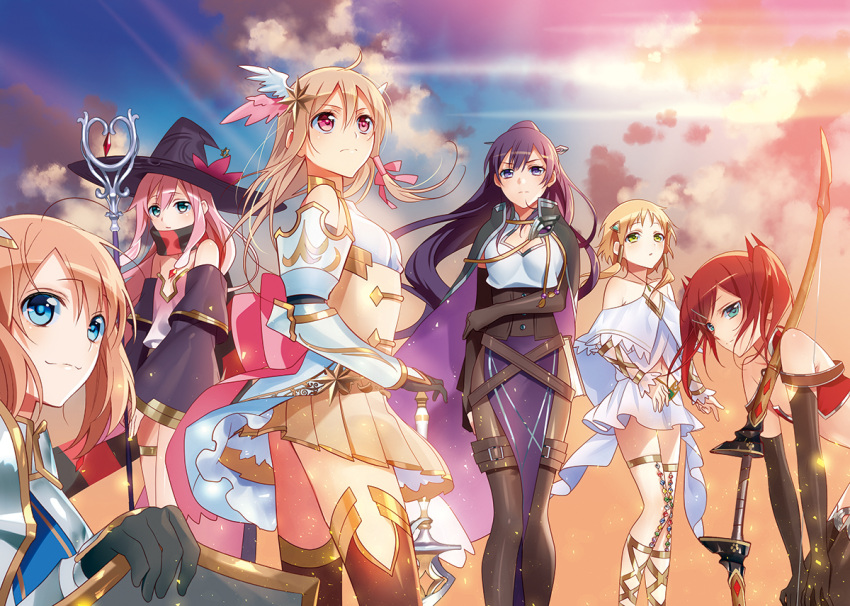 6+girls, ankle_lace-up, asukai_mao, bare_shoulders, blue_eyes, boots, bow_(weapon), clouds, cross-laced_footwear, elbow_gloves, evening, gauntlets, gloves, green_eyes, hair_tubes, hands_on_thighs, hat, hujieda_kaede, ise_mikage, leaning_forward, lens_flare, light_rays, long_hair, looking_at_viewer, looking_up, multiple_girls, murakami_yuichi, official_art, pantyhose, pelvic_curtain, pink_hair, ponytail, purple_hair, redhead, sanjo_tsubaki, scarf, shield, sky, staff, sword, thigh-highs, thigh_boots, thigh_strap, twintails, unsimulated_incubator, violet_eyes, wakatsuki_saran, weapon, wind, wind_lift, witch_hat, yashiro_rimu