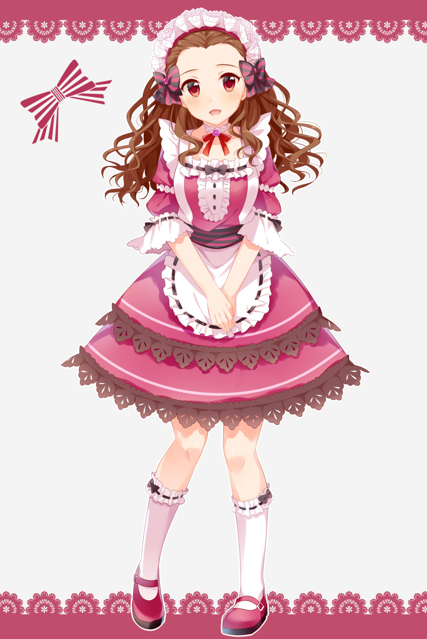 1girl, absurdres, bow, brown_hair, curly_hair, frills, highres, idolmaster