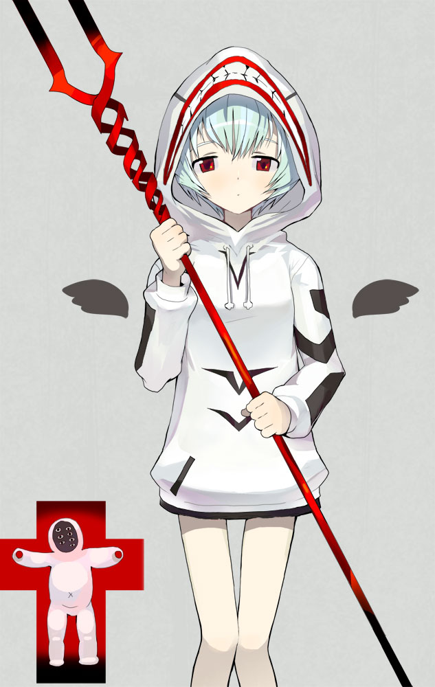 blue_hair, cosplay, hasesese, hoodie, lance, lance_of_longinus, mass_production_eva, mass_production_eva_(cosplay)