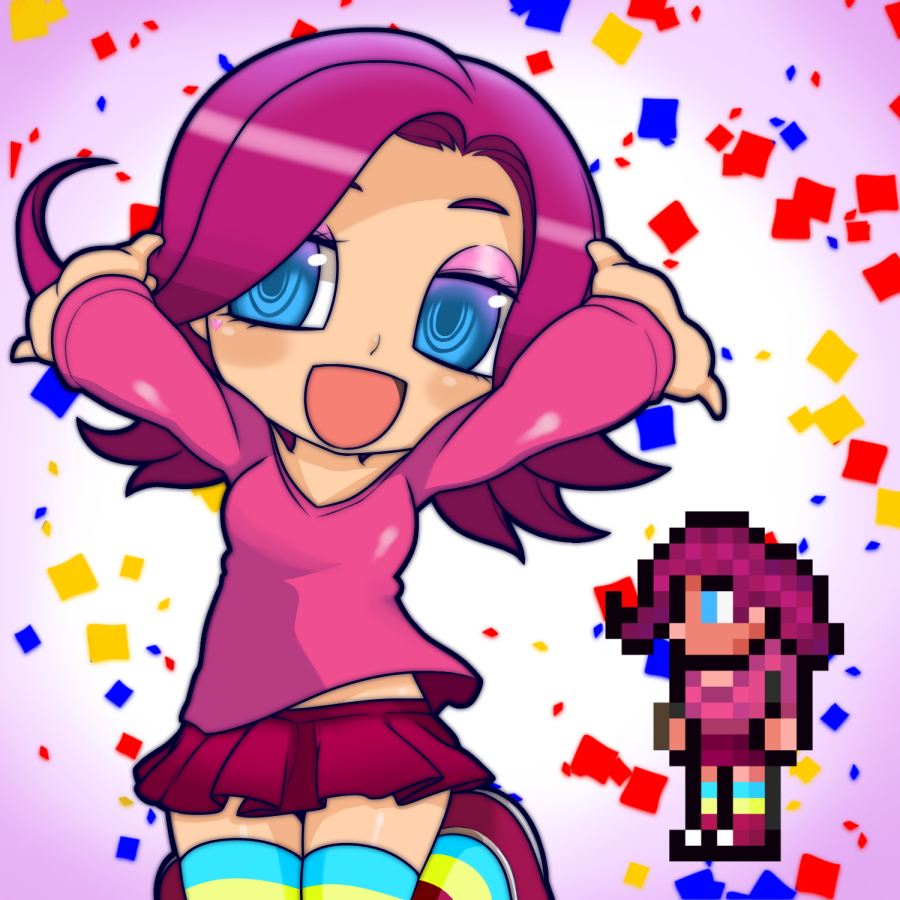 1girl, blue_eyes, chibi, jumping, lewis, long_sleeves, looking_at_viewer, miniskirt