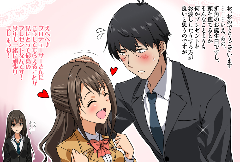 1boy, 2girls, :d, black_hair, blazer, blush, bow, brown_hair