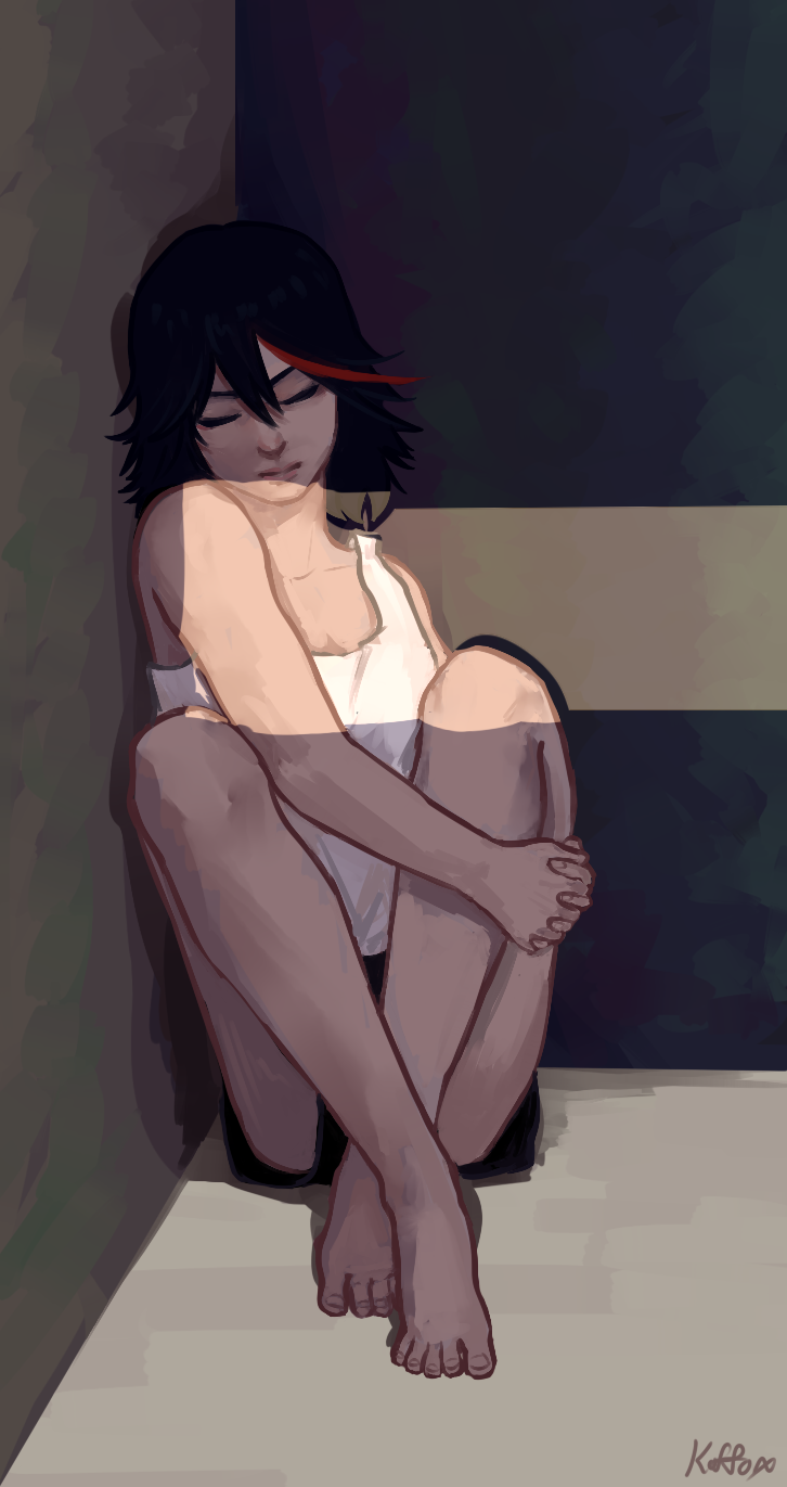 artist_name, black_hair, closed_eyes, crossed_legs, highres, interlocked_fingers, kill_la_kill, koffo-art