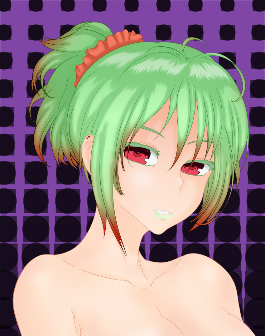 1girl, gaixas1, green_hair, hair_ornament, highres, red_eyes, solo