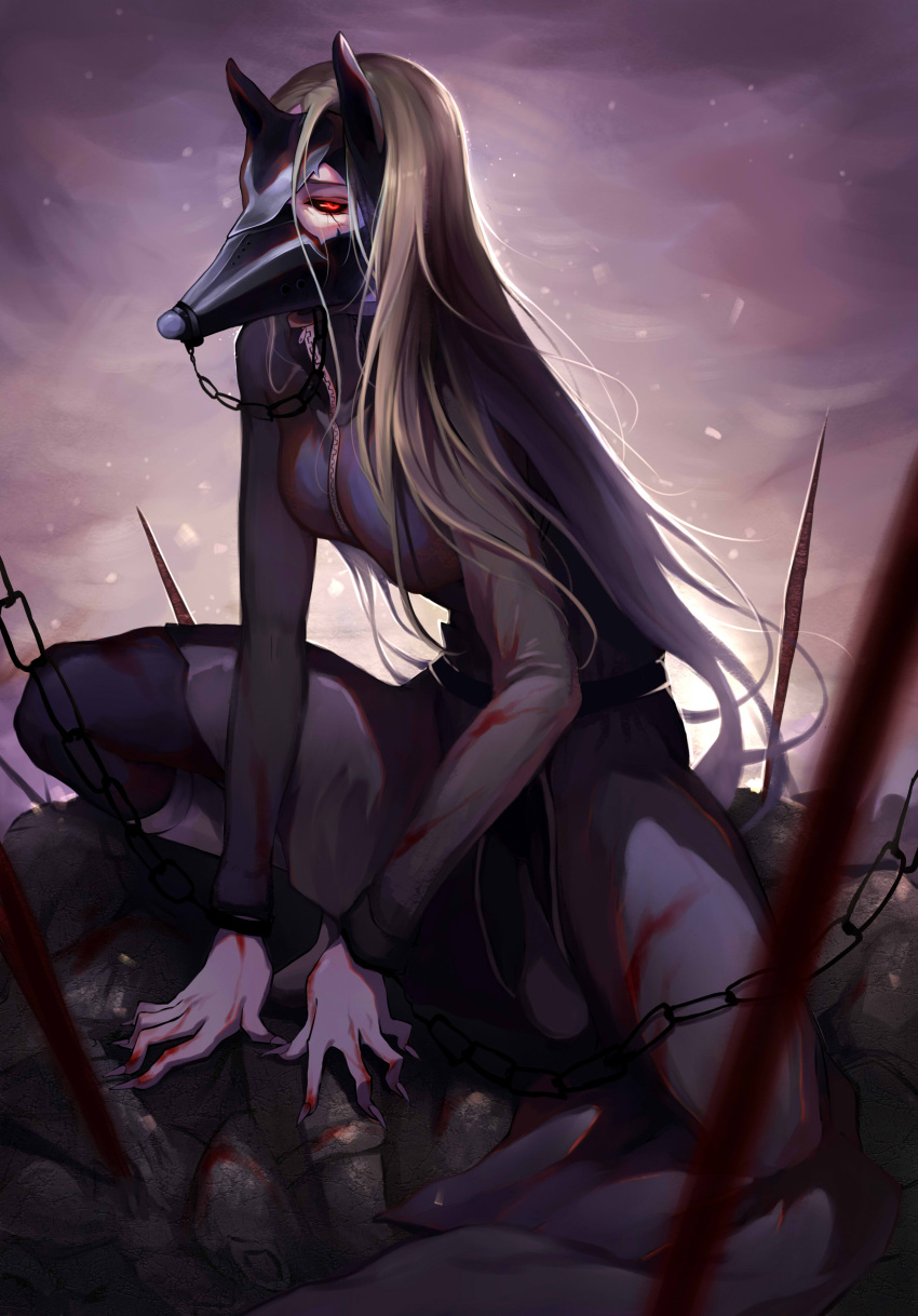 1girl, absurdres, black, black_sclera, blood_on_hands, brown_hair, chain, cr