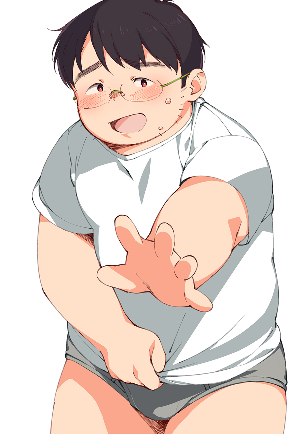 1boy, blush, briefs, brown_hair, embarrassed, facial_hair, fat, fat_man, glasses, highres, male_focus, multicolored_eyes, no_pants, open_mouth, original, outstretched_arm, plump, reaching, shirt, short_hair, short_sleeves, simple_background, solo, standing, stubble, sweat, tanaka_(tanakasunsun), underwear, white_background, white_shirt