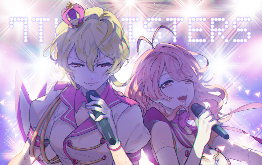 bare_shoulders, blonde_hair, elbow_gloves, gj, gloves, microphone, misonoo_mana, pink_hair