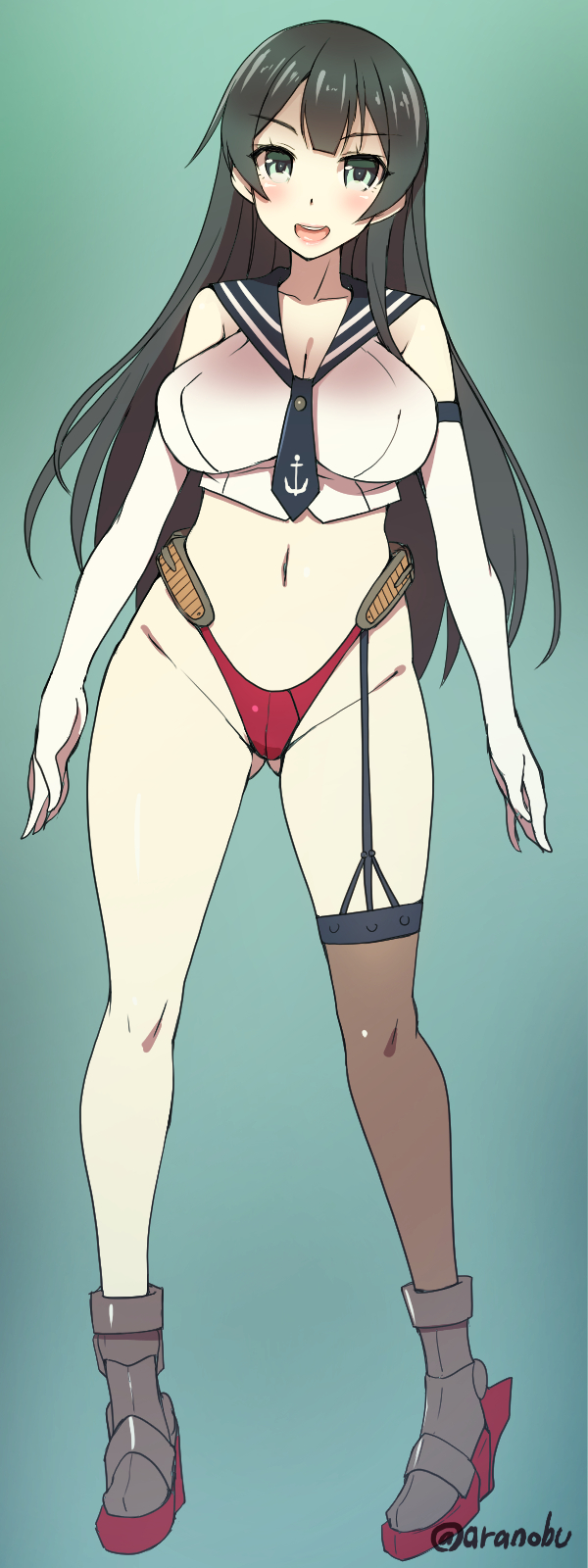 1girl, :d, adapted_costume, agano_(kantai_collection), anchor_symbol, asymmetrical_legwear, bare_shoulders, black_hair