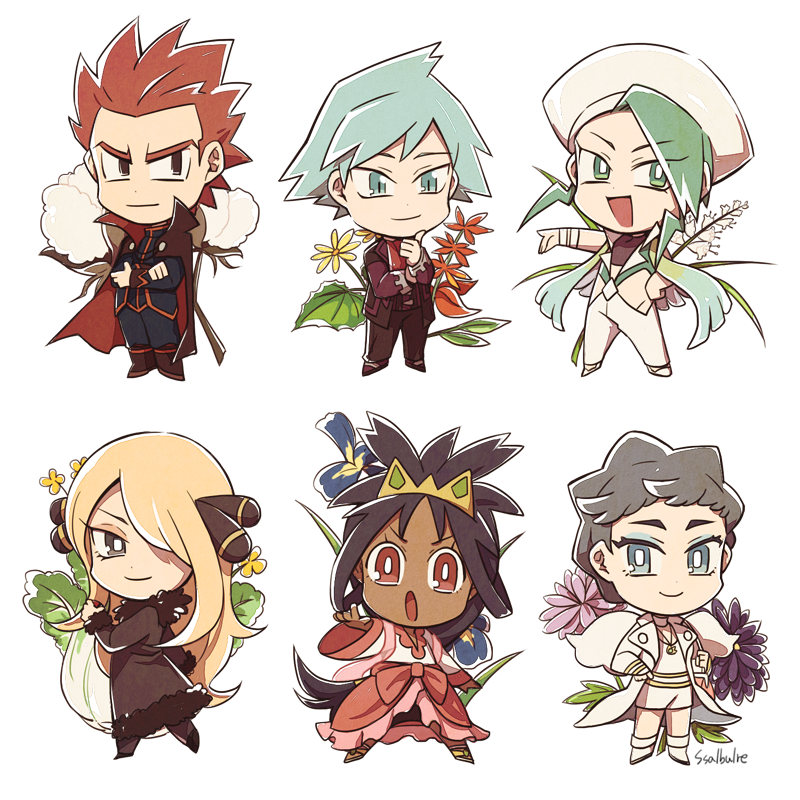 3boys, 3girls, blonde_hair, blue_eyes, cape, carnet_(pokemon), chibi, crown