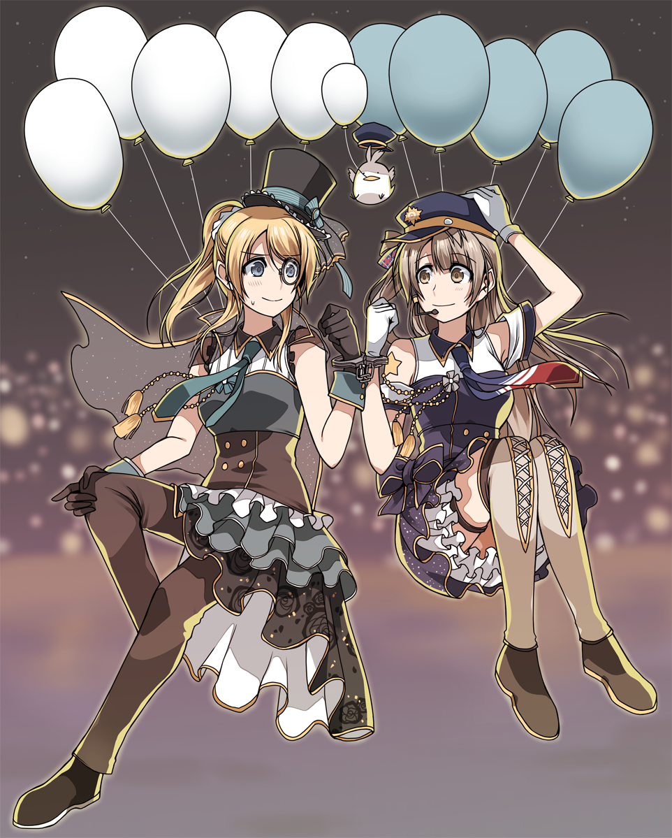 2girls, ayase_eli, balloon, blonde_hair, blue_eyes, blush, brown_eyes, brown_hair