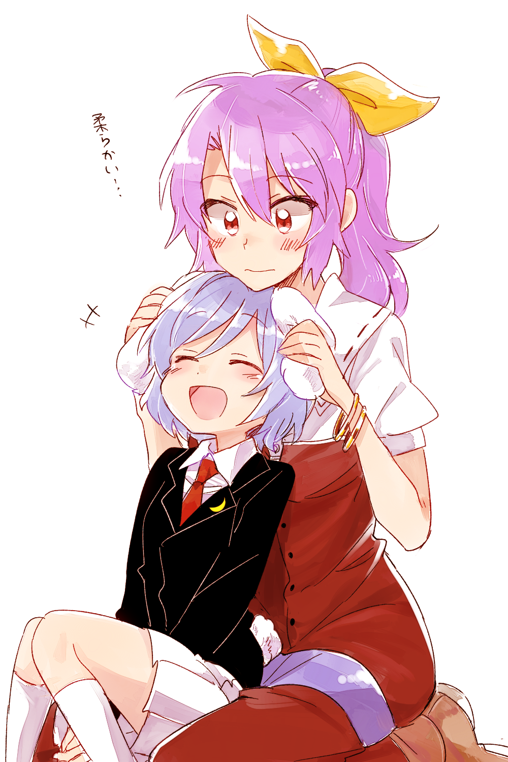 +++, 2girls, :d, ^_^, animal_ears, blazer, bow, closed_eyes, hair_bow, hair_ribbon, highres, holding_ears, long_hair, multiple_girls, necktie, open_mouth, petting, playing_with_another's_ears, ponytail, purple_hair, rabbit_ears, red_eyes, reisen, ribbon, short_hair, six_(fnrptal1010), smile, touhou, translated, tsurime, watatsuki_no_yorihime