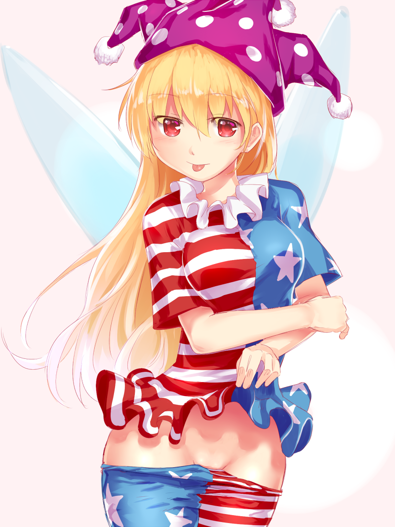1girl, american_flag_legwear, american_flag_shirt, blonde_hair, blush, clownpiece, fairy_wings, hat, jester_cap, long_hair, looking_at_viewer, masa07240, no_panties, pantyhose, pantyhose_pull, print_legwear, red_eyes, short_sleeves, simple_background, smile, solo, star, striped, tongue, tongue_out, touhou, wings