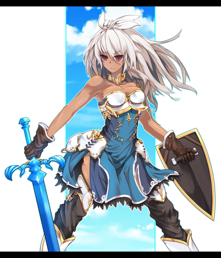 >:(, 1girl, armor, armored_boots, armored_dress, bangs, bare_arms, black_legwear, blue_dress, blue_sky, breasts, brown_gloves, cleavage, clouds, collarbone, cowboy_shot, dark_skin, dress, eyes_visible_through_hair, frown, gloves, granblue_fantasy, hair_between_eyes, holding, holding_sword, holding_weapon, jewelry, long_hair, miranko, neck_ring, outline, red_eyes, shield, short_dress, sky, solo, strapless_dress, sword, the_order_grande, thigh-highs, weapon, white_hair, zettai_ryouiki