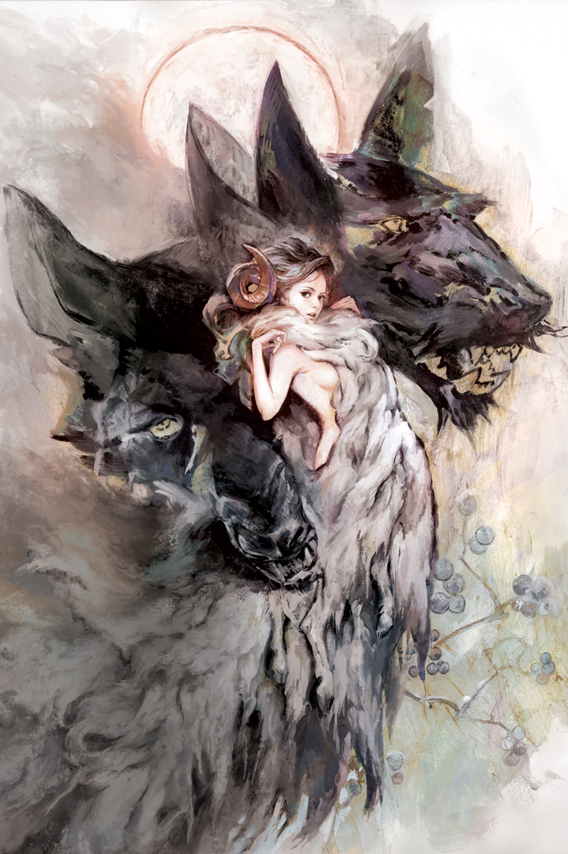 1girl, animal_costume, breasts, fangs, fur, highres, horns, lips