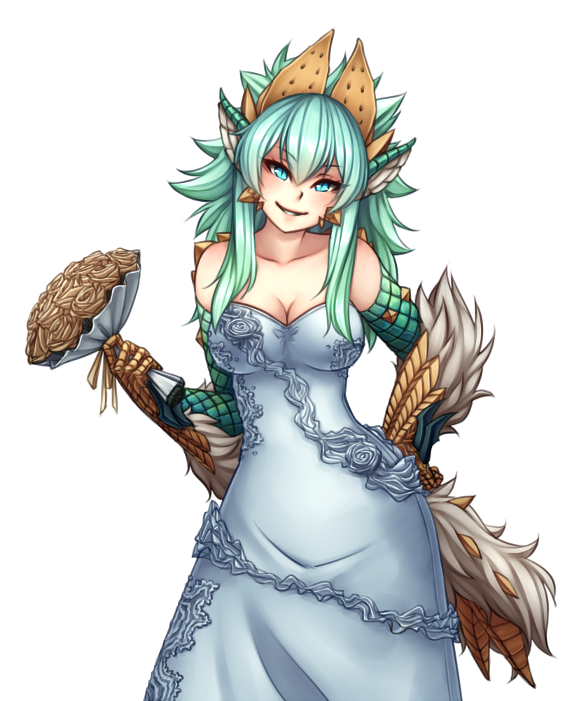 1girl, animal_ears, aqua_eyes, bare_shoulders, bouquet, breasts, cleavage, dress, flower, fur, green_hair, hand_on_hip, head_tilt, looking_at_viewer, monorus, monster_girl, monster_hunter, personification, scales, simple_background, slit_pupils, smile, solo, spiky_hair, tail, wedding_dress, white_background, white_dress, zinogre