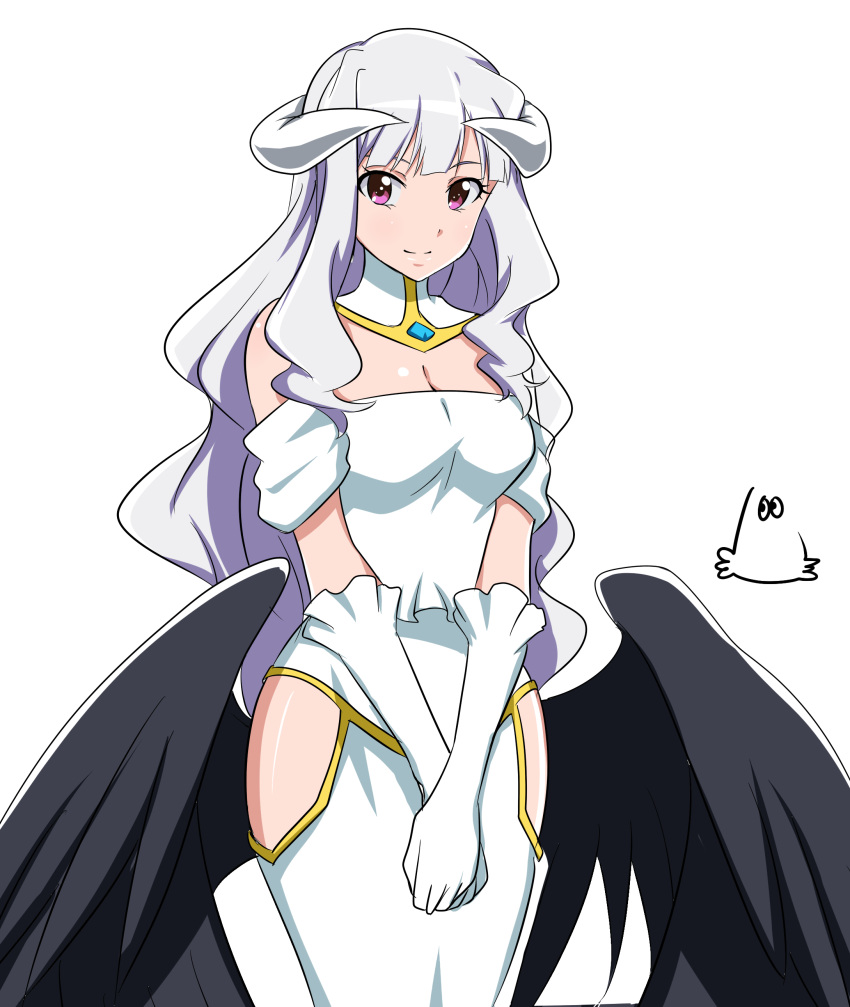 1girl, absurdres, albedo, albedo_(cosplay), bare_shoulders, breasts, cleavage, cosplay