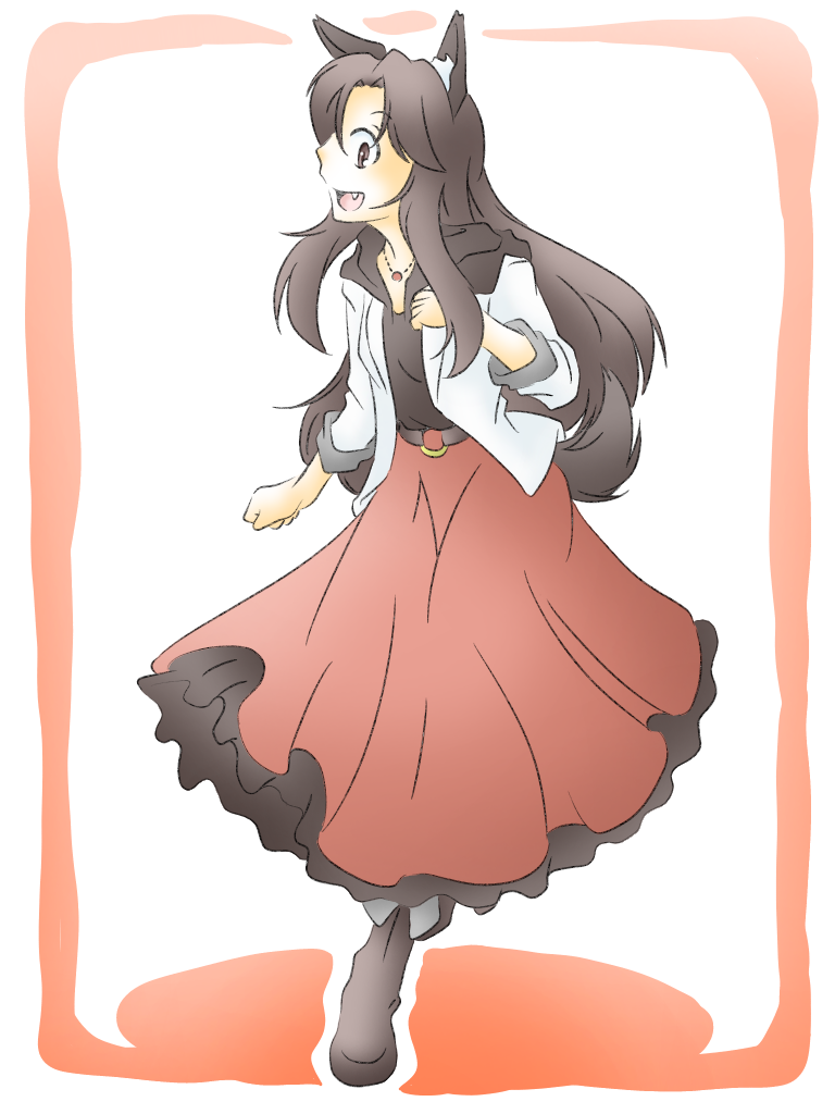 1girl, animal_ears, breasts, brown_hair, casual, fang, imaizumi_kagerou, jewelry