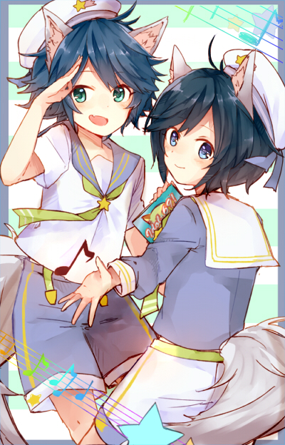 2boys, animal_ears, bangs, blue_eyes, blue_hair, fang, green_eyes, hat
