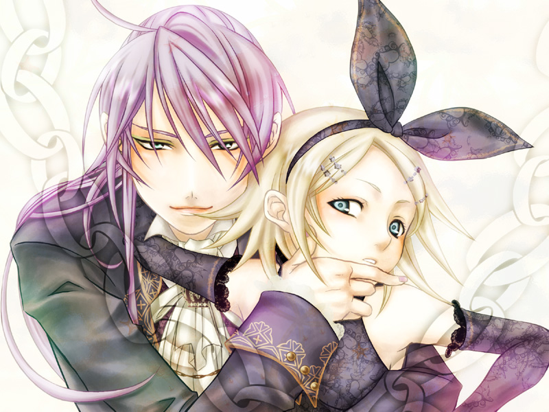 ahoge, black_dress, blonde_hair, blue_eyes, cantarella, cantarella_(vocaloid), dress, elbow_gloves