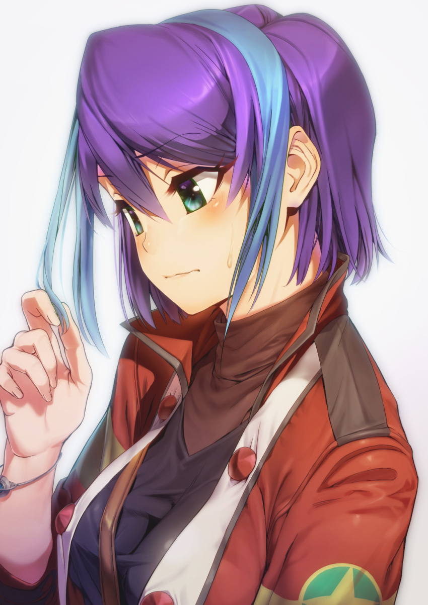 1girl, alternate_hair_length, alternate_hairstyle, blue_hair, blush, green_eyes, highres, multicolored_hair
