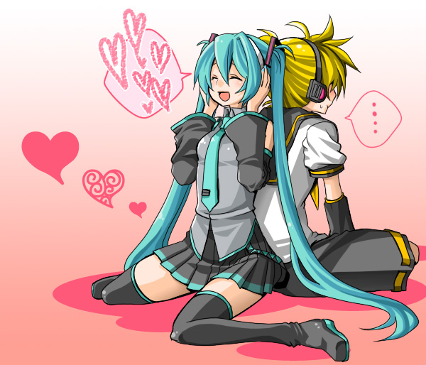 back-to-back, back_to_back, blonde_hair, detached_sleeves, eiro, hatsune_miku, headphones, heart, kagamine_len, long_hair, necktie, short_hair, shorts, sitting, skirt, smile, sweat, thigh-highs, thighhighs, twintails, vocaloid, wariza, zettai_ryouiki