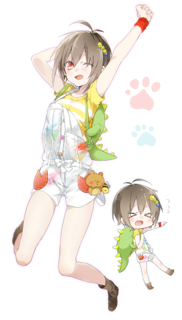 >_<, 1girl, :d, antenna_hair, arms_up, boots, brown_hair, chibi